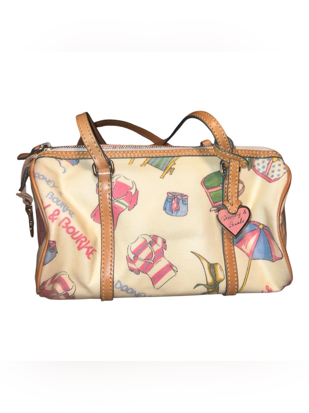 Dooney & Bourke Cream Printed Canvas Satchel with Tan Leather Trim